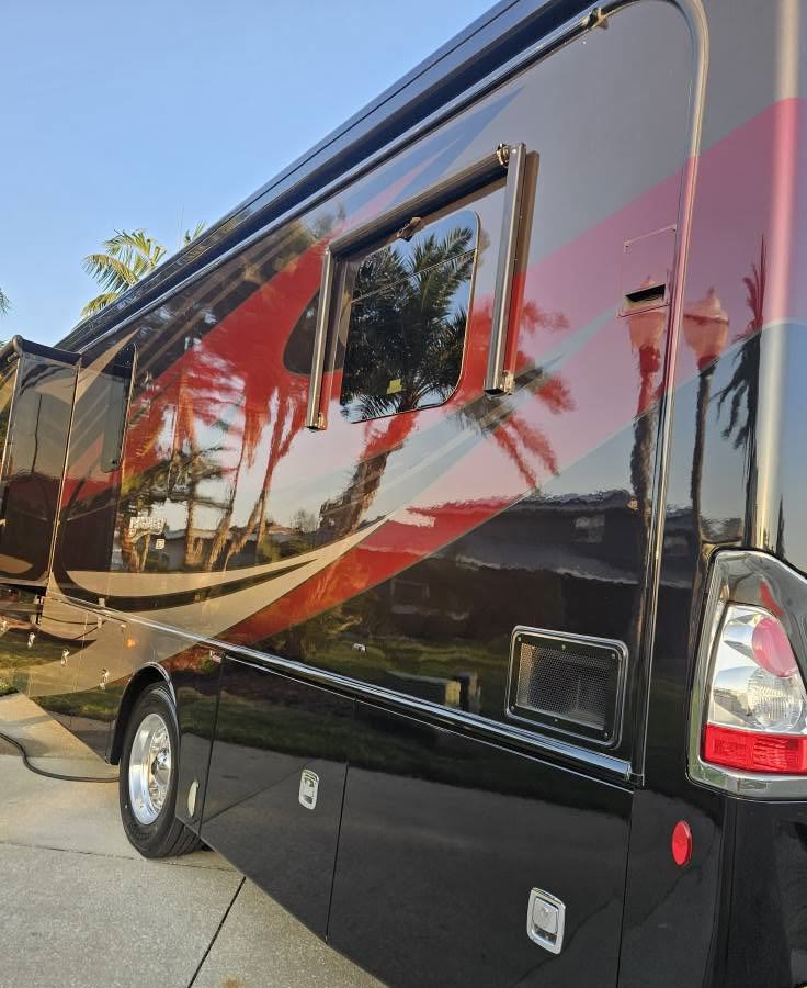 Side of a motorcoach reflecting palm trees